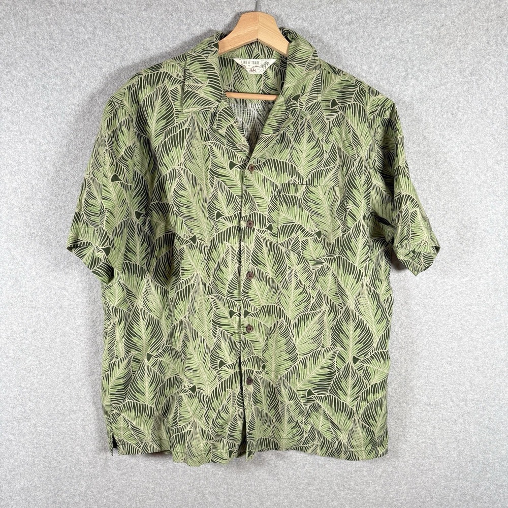 Line Of Trade Button Up Shirt Mens Medium Loop Collar Palm Leaves Linen Shirt